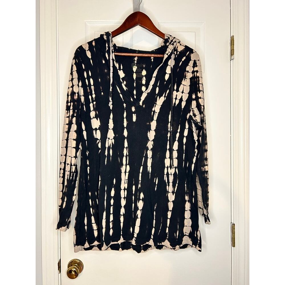 Balance Collection Tie Dye Hoodie Womens 1X Black Cream Lightweight Stretch Top